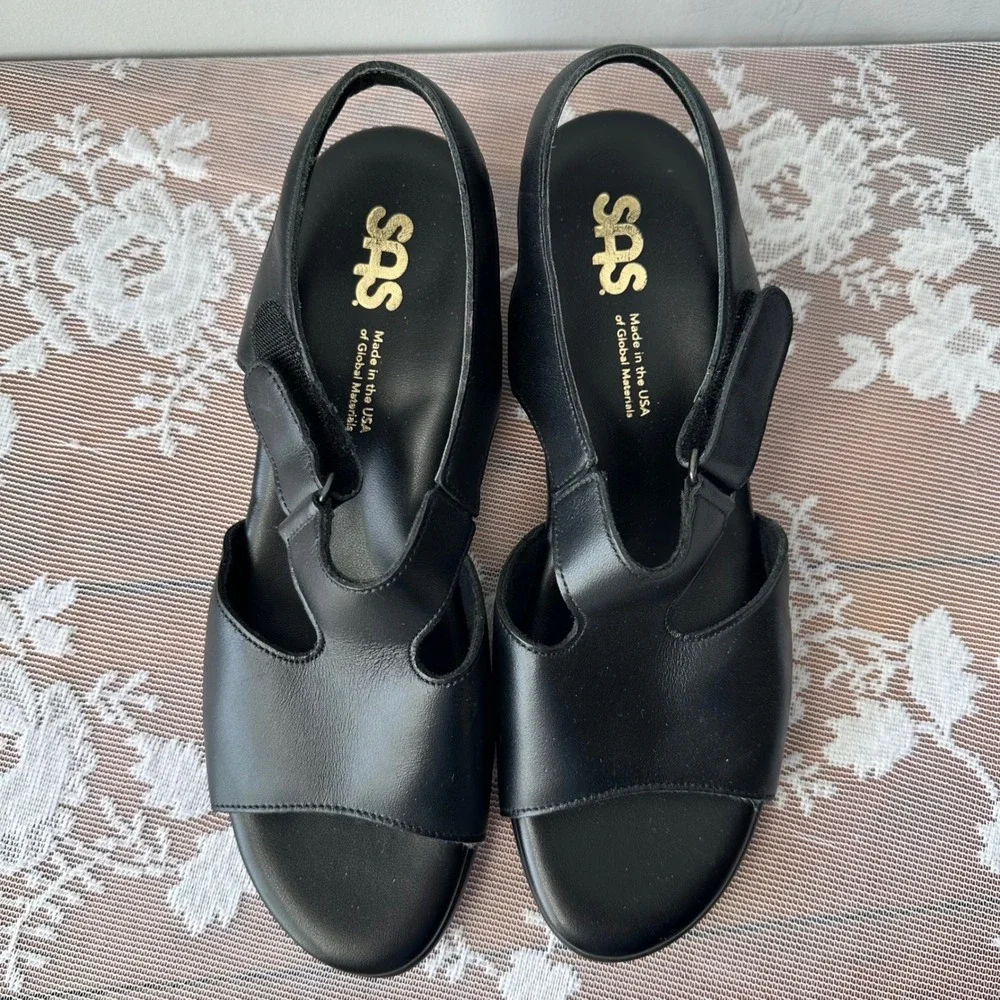 SAS Suntimer Leather Slingback Sandals Womens 9.5 M Black Tripad‎ Comfort
